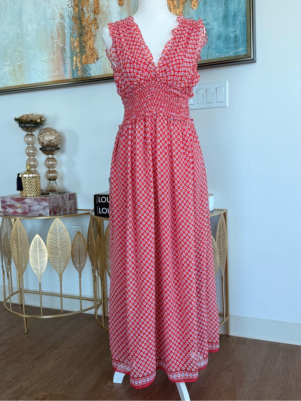 Smocked Waist Red Printed Maxi Dress with Ruffle V-Neck